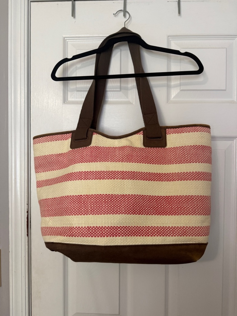thirty-one Red & Cream Striped Tote with Brown Trim